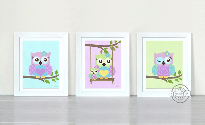 Nursery Decor - Purple Owl Nursery Art Prints - Unframed Prints - Set of 3