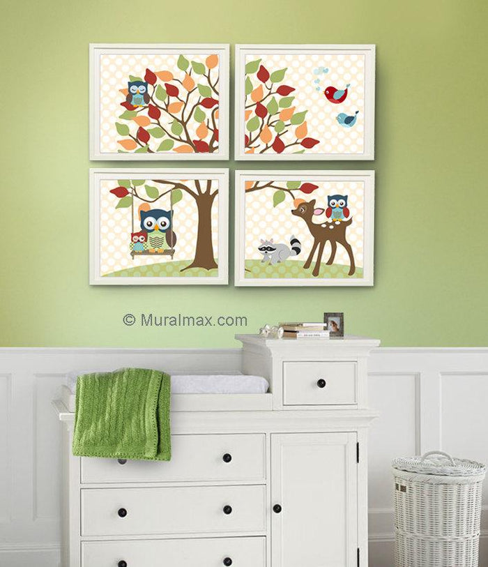 Nursery Decor - Whimsical Woodland Animals & Tree - Set of 4 Unframed Prints