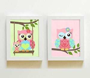 Nursery Owl Baby Girl Wall Art - Baby Pink Aqua Green - Unframed Prints - Set of 2-MuralMax Interiors