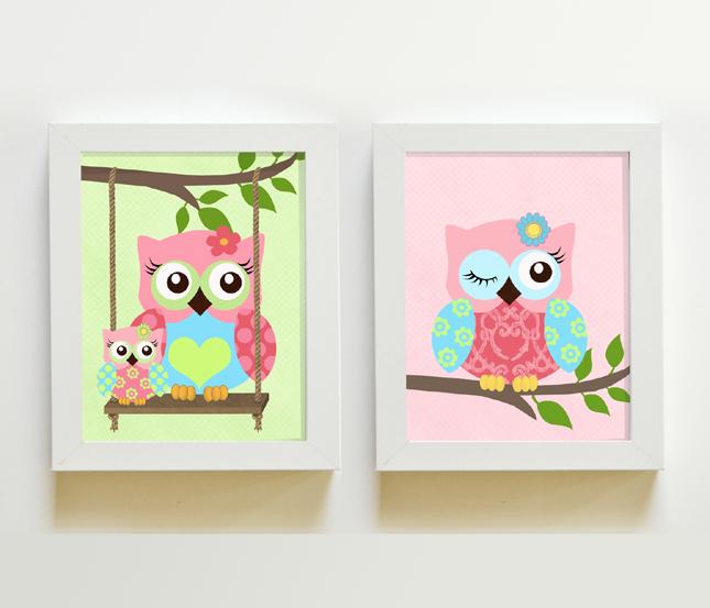 Nursery Owl Baby Girl Wall Art - Baby Pink Aqua Green - Unframed Prints - Set of 2