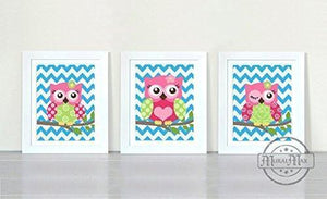 Nursery Prints - Owl Family Girls Room Decor - Chevron Unframed Prints - Set of 3-MuralMax Interiors