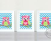 Nursery Prints - Owl Family Girls Room Decor - Chevron Unframed Prints - Set of 3