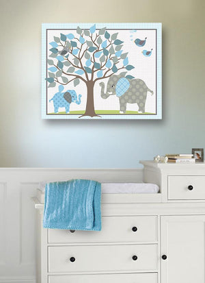 Nursery Wall Art - Elephant & Tree Boy Nursery Canvas Decor - Baby Blue Gray Nursery-MuralMax Interiors