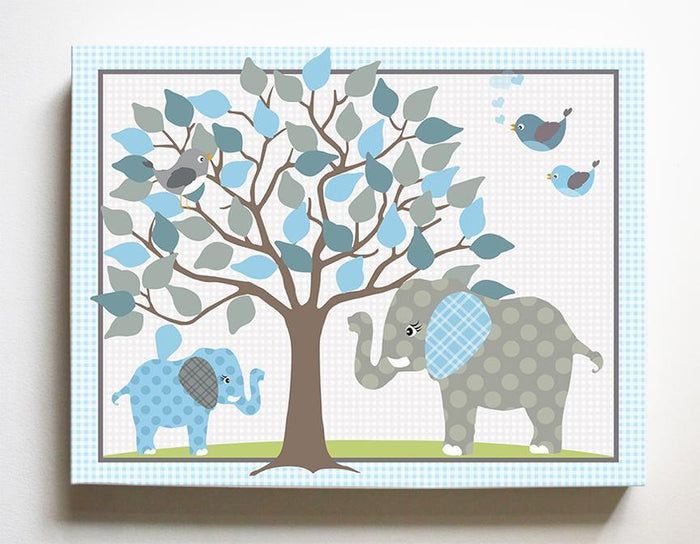 Nursery Wall Art - Elephant & Tree Boy Nursery Canvas Decor - Baby Blue Gray Nursery