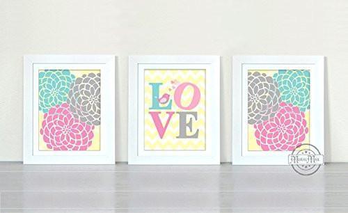 Nursery Wall Art For Girls - Floral Mums & Love Collection - Set of 3 - Unframed Prints-B01CRT8XM8