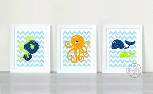 Nursery Wall Art, Ocean Themed Nursery - Chevron Octopus & Whale - Set of 3 - Unframed Prints-MuralMax Interiors