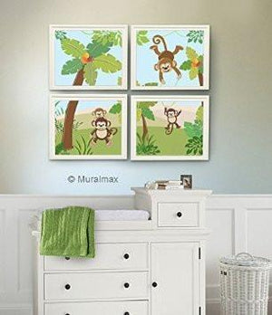 Nursery Whimsical Monkey Jungle Theme -Unframed Prints - Set of 4 - Matched For Curly Tails Bedding-B018KOI324-MuralMax Interiors