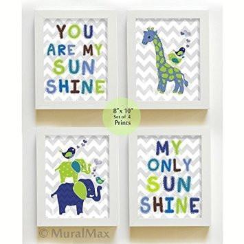 Nursery - You Are My Sunshine - Chevron Unframed Prints- Set of 4- Gray-B018KOFC3C