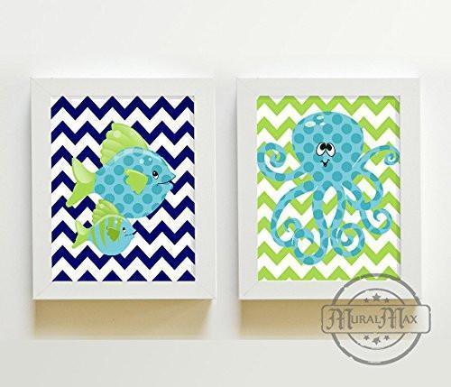 Octopus & Fish Nursery Wall Art - Navy Teal & Green Nursery Decor - Unframed Prints - Set of 2