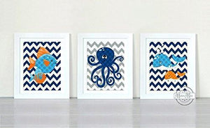 Octopus & Whale Modern Chevron Ocean Theme - Unframed Prints - Set of 3-B018KOBCGS-MuralMax Interiors