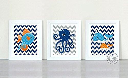 Octopus & Whale Modern Chevron Ocean Theme - Unframed Prints - Set of 3-B018KOBCGS