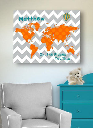 Oh The Places You'll Go Personalized Dr Seuss Nursery Wall Art - Boy Room Decor - Chevron Canvas World Map Collection -B071W2RK6Y-MuralMax Interiors
