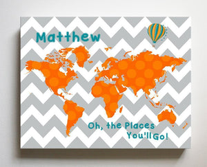 Oh The Places You'll Go Personalized Dr Seuss Nursery Wall Art - Boy Room Decor - Chevron Canvas World Map Collection -B071W2RK6Y-MuralMax Interiors