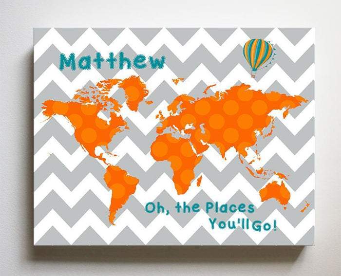 Oh The Places You'll Go Personalized Dr Seuss Nursery Wall Art - Boy Room Decor - Chevron Canvas World Map Collection -B071W2RK6Y