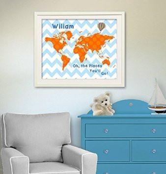 Orange and Blue Kids Room Decor Personalized Chevron Dr Seuss Map - Oh - The Places You'll Go - Unframed Print-B018KOAUAC