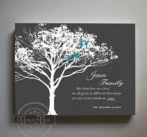 Our Family, Like Branches On A Tree - Personalized Family Tree & Lovebirds, Stretched Canvas Wall Art - Unique Wall Decor - Charcoal - B01M11T4TV