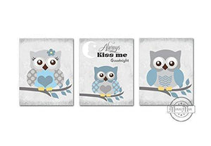 Owl Always Kiss Me Goodnight Owl Nursery Art - Set of 3 - Unframed Prints- Baby Blue Gray Decor-MuralMax Interiors