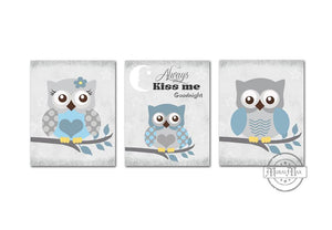 Owl Always Kiss Me Goodnight Owl Nursery Art - Set of 3 - Unframed Prints- Baby Blue Gray Decor-MuralMax Interiors