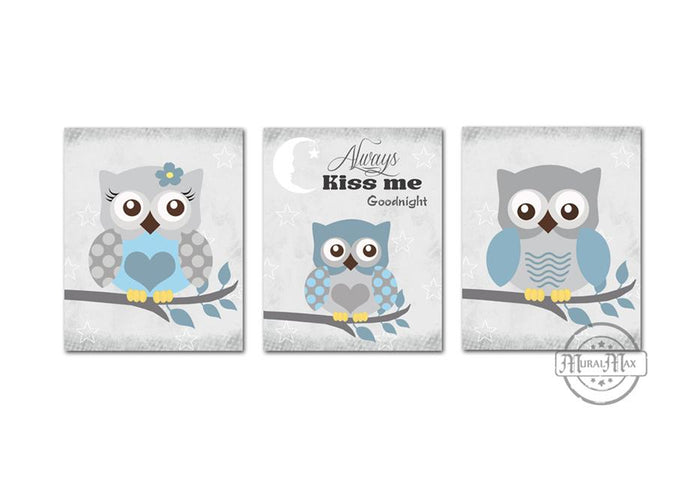 Owl Always Kiss Me Goodnight Owl Nursery Art - Set of 3 - Unframed Prints- Baby Blue Gray Decor