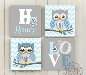 Owl and Elephant Wall Art - Personalized Love Inspirational Quote Canvas Nursery Decor - Set of 4-MuralMax Interiors