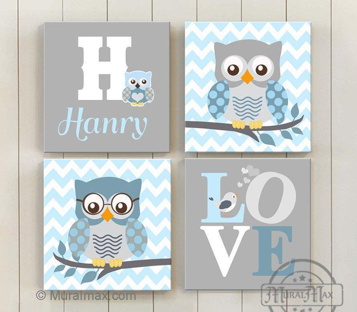 Owl and Elephant Wall Art - Personalized Love Inspirational Quote Canvas Nursery Decor - Set of 4