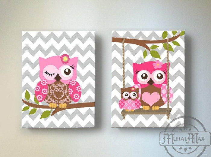 Owl Art For Girls Room - Hot Pink & Brown Canvas Wall Art - Set of 2