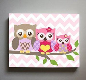 Owl Art - Girls Room Decor - Owl Family of 3 Perched On A Branch - Canvas Decor - Pink Purple Decor-MuralMax Interiors
