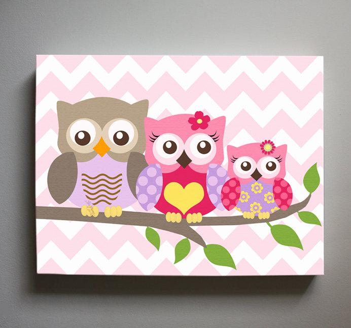 Owl Art - Girls Room Decor - Owl Family of 3 Perched On A Branch - Canvas Decor - Pink Purple Decor
