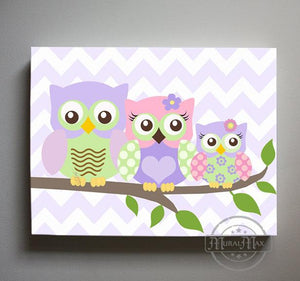 Owl Art - Nursery Decor - Pink Purple Owl Family On A Branch - Canvas Decor-MuralMax Interiors