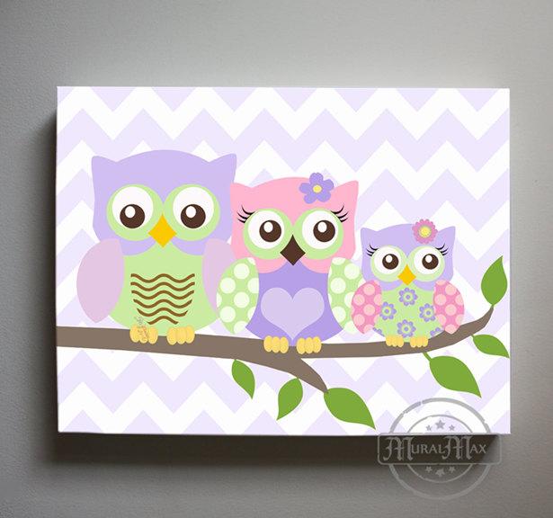 Owl Art - Nursery Decor - Pink Purple Owl Family On A Branch - Canvas Decor