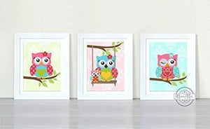 Owl Art - Owl Baby Nursery Decor - Girl Room Decor - Unframed Prints - Set of 3-MuralMax Interiors