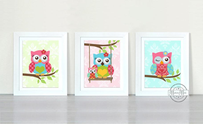 Owl Art - Owl Baby Nursery Decor - Girl Room Decor - Unframed Prints - Set of 3