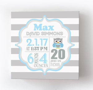 Owl Baby Boy Nursery Art - Birth Announcements - Owl Nursery Decor - Stretched Canvas Wall ArtBaby ProductMuralMax Interiors