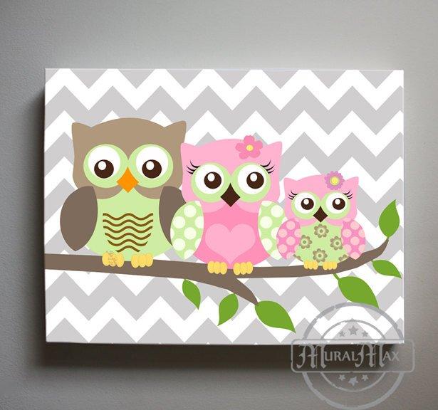Owl Baby Girl Nursery Wall Art - Owl Family Canvas Decor - Pink & Green Girl Room Decor