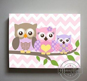 Owl Baby Girl Room Decor - Baby Pink Purple Owl Family Canvas Decor-MuralMax Interiors