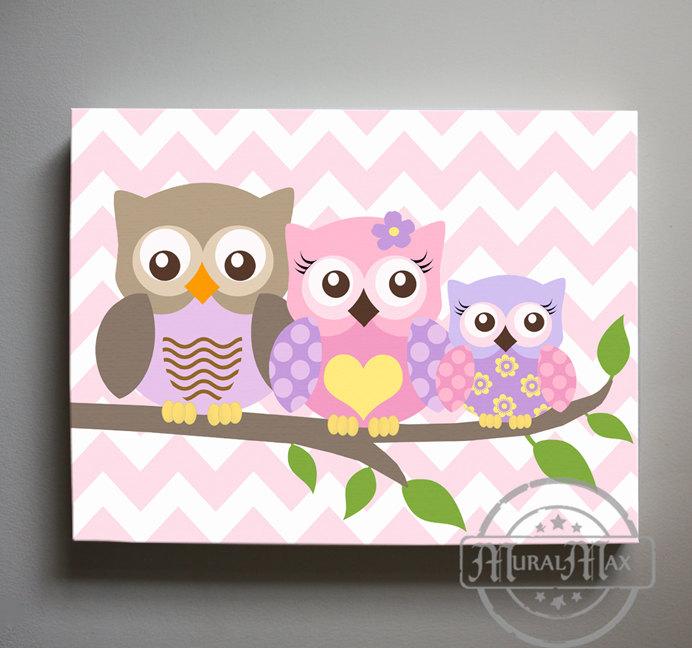 Owl Baby Girl Room Decor - Baby Pink Purple Owl Family Canvas Decor