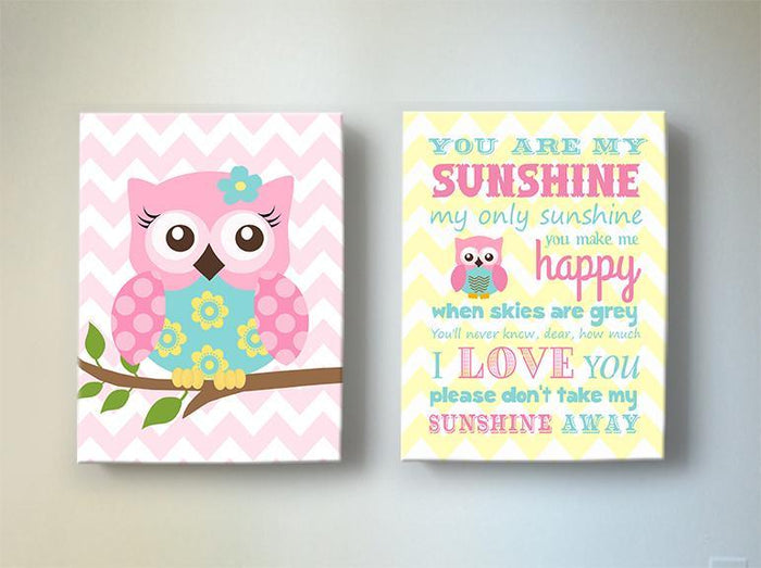 Owl Baby Girl Room Decor & Sunshine Lyrics Canvas Art - Inspirational Quote - Set of 2