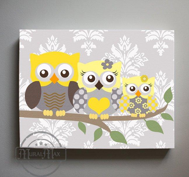 Owl Baby Nursery Art - Yellow Gray Owl Family Of 3 Canvas Nursery Decor - Yellow Gray Wall Art