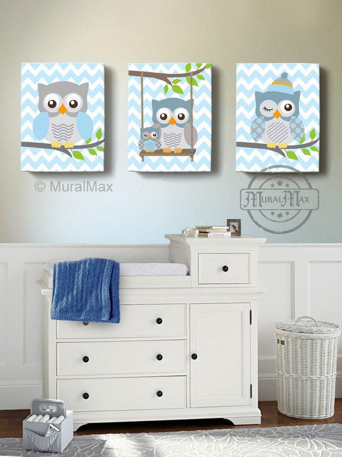 Owl Canvas Nursery Art - Baby Blue Owl Decor - Set of 3-Toddler Room Decor