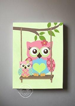 Owl Canvas Nursery Art - Pink Green Baby Girl Nursery Decor - The Owl Collection-MuralMax Interiors