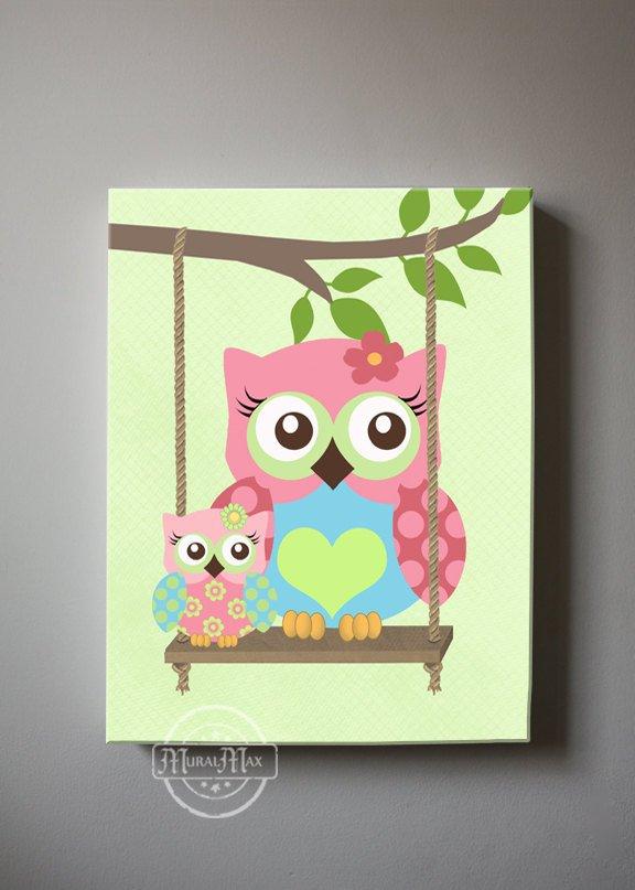 Owl Canvas Nursery Art - Pink Green Baby Girl Nursery Decor - The Owl Collection