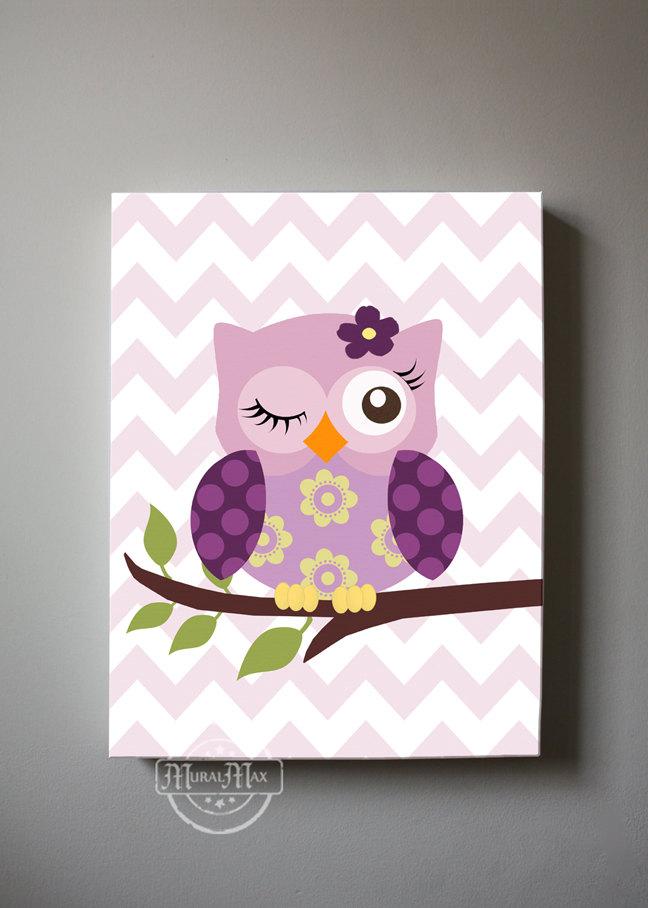 Owl Canvas Nursery Art - Plum Owl Collection - Purple Girl Room Decor