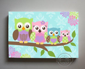 Owl Children's Art - Family Of 4 Panoramic Canvas Art - Nursery Wall Decor-MuralMax Interiors