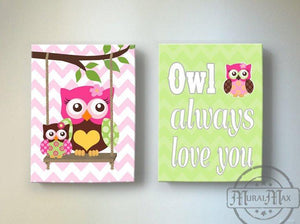 Owl Decor - Baby Girl Room Owl Always Love You Canvas Wall Art - Set of 2-MuralMax Interiors