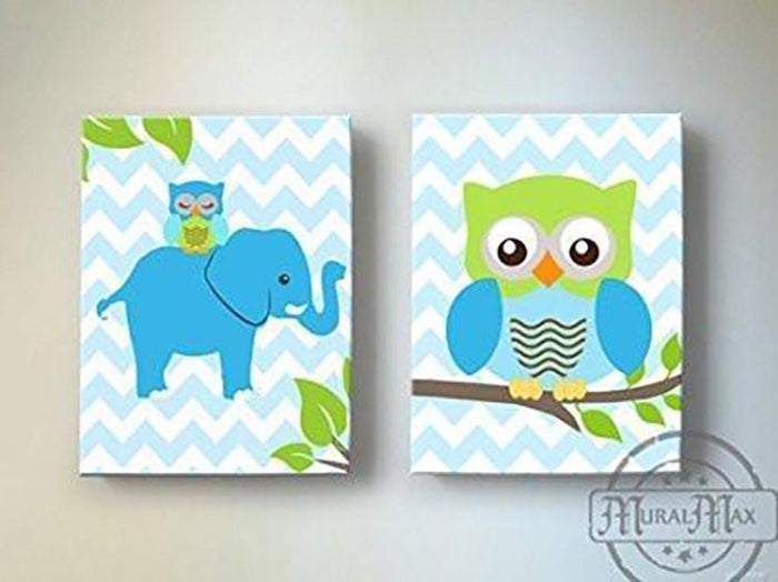 Owl Elephant Decor Baby Boy Nursery Canvas Wall Art - Set of 2