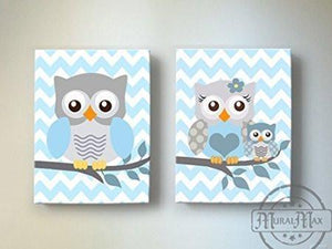 Owl Family Baby Blue Nursery Wall Art - Boy Canvas Art Decor - Set of 2-MuralMax Interiors