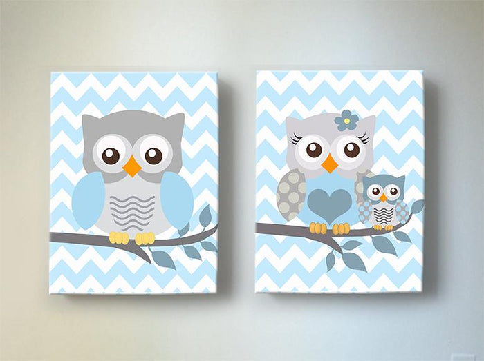 Owl Family Baby Blue Nursery Wall Art - Boy Canvas Art Decor - Set of 2