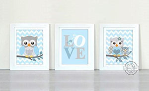 Owl Family & Love Baby Blue Gray Nursery Prints - Set of 3 - Unframed Prints-MuralMax Interiors