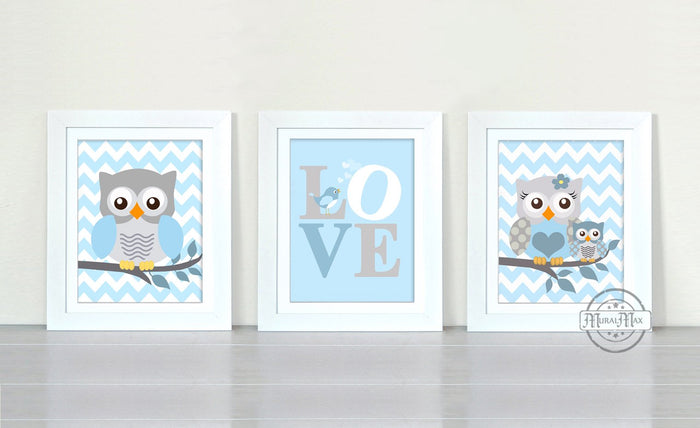 Owl Family & Love Baby Blue Gray Nursery Prints - Set of 3 - Unframed Prints