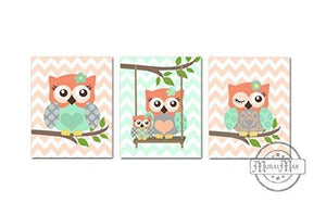 Owl Family Nursery Art Prints - Coral Mint Nursery Decor - Set of 3 - Unframed Prints-MuralMax Interiors